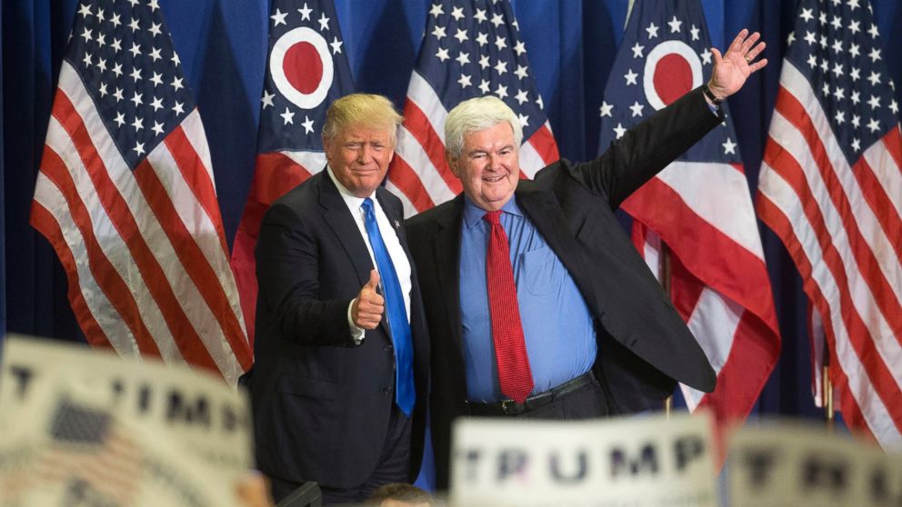 PHOTO: Republican presidential candidate Donald Trump, left, and former House Speaker Newt Gingrich, right, acknowledge the crowd during a campaign rally at the Sharonville Convention Center, July 6, 2016, in Cincinnati.