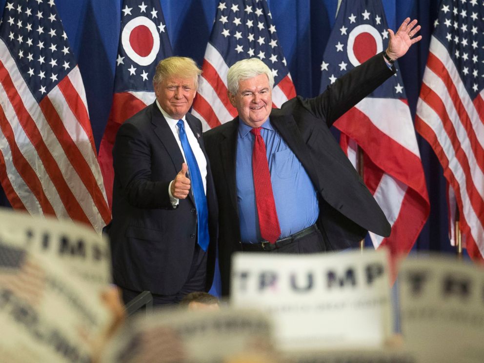 PHOTO: Republican presidential candidate Donald Trump, left, and former House Speaker Newt Gingrich, right, acknowledge the crowd during a campaign rally at the Sharonville Convention Center, July 6, 2016, in Cincinnati.