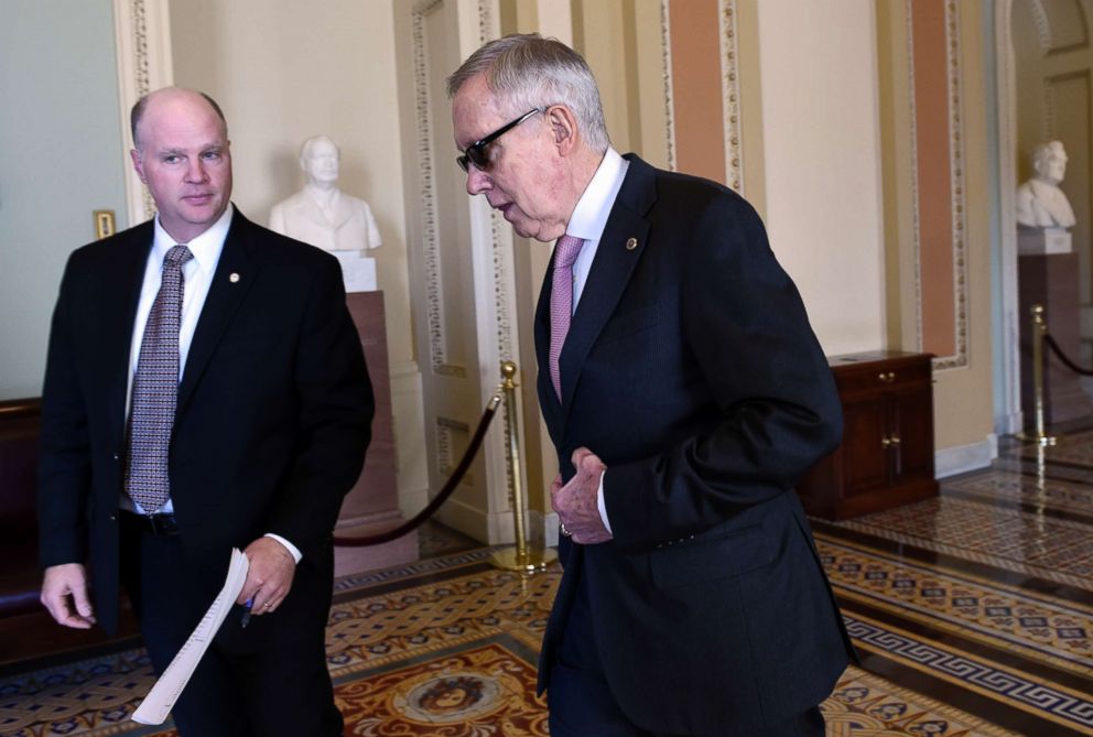 PHOTO: Senate Minority Leader Harry Reid of Nev. walks back to his office following a meeting with Senate Democrats on Capitol Hill in Washington, Friday, May 22, 2015. 