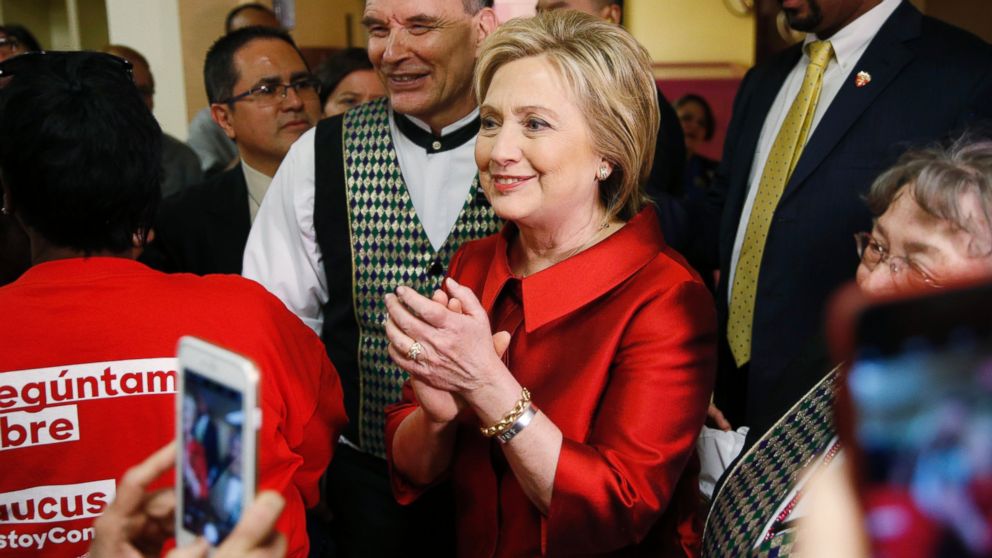 Democratic presidential candidate Hillary Clinton visits with Harrah's Las Vegas employees on the day of the Nevada Democratic caucus, Feb. 20, 2016, in Las Vegas. 