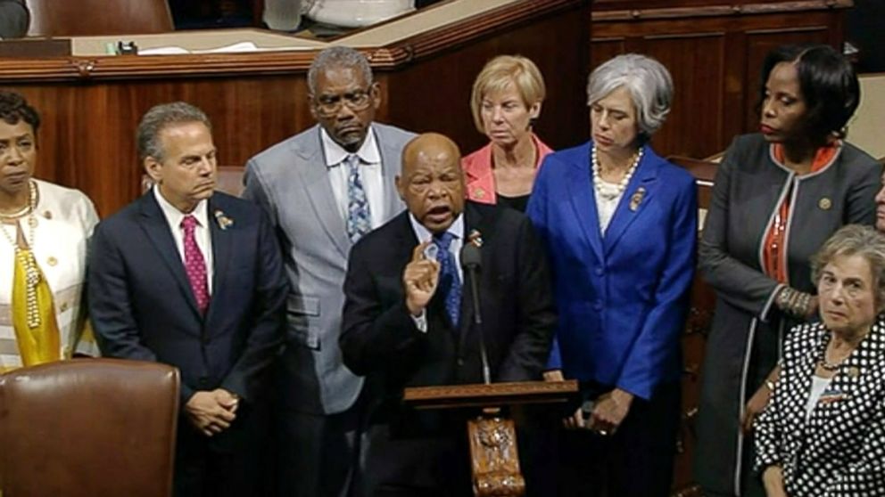 PHOTO: Democrats shut down the House's legislative work on Wednesday, June 22, 2016, staging a sit-in on the House floor and refusing to leave until they secured a vote on gun control measures before lawmakers' weeklong break.