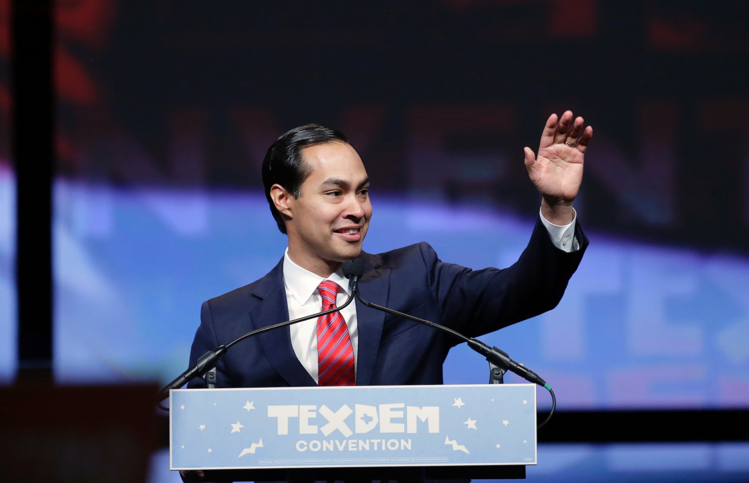 PHOTO: Housing and Urban Development Secretary Julian Castro addresses the Texas Democratic convention, June 17, 2016, in San Antonio. 