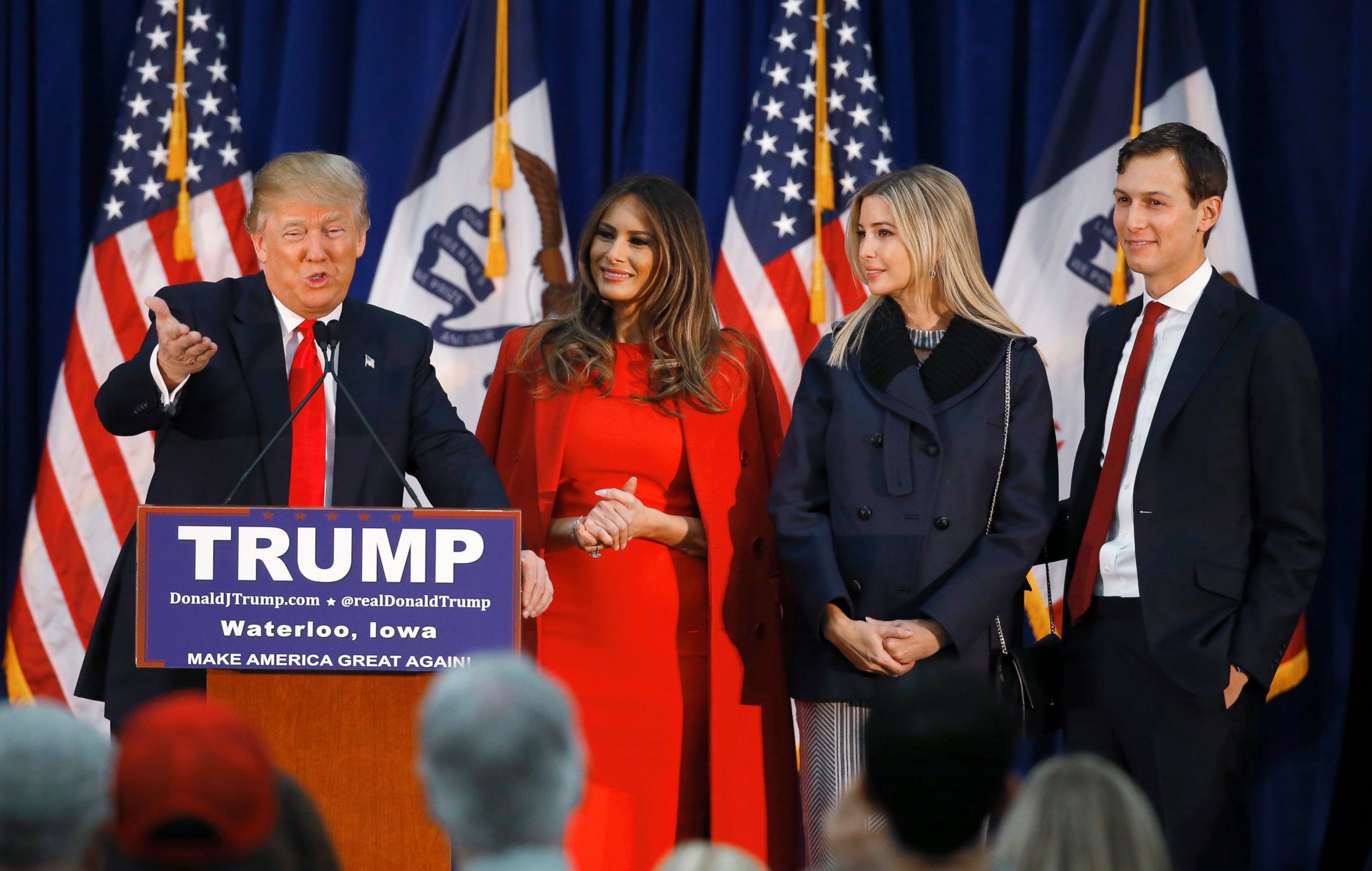 PHOTO: Donald Trump, accompanied by wife Melania, daughter Ivanka, and her husband Jared Kushner, speaks during a campaign event in Waterloo, Iowa, Feb. 1, 2016. 