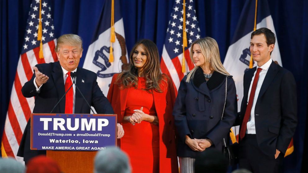 PHOTO: Donald Trump, accompanied by wife Melania, daughter Ivanka, and her husband Jared Kushner, speaks during a campaign event in Waterloo, Iowa, Feb. 1, 2016. 