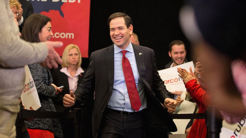 Republican presidential candidate, Sen. Marco Rubio, takes the stage for a rally, Feb. 19, 2016, in Columbia, S.C.
