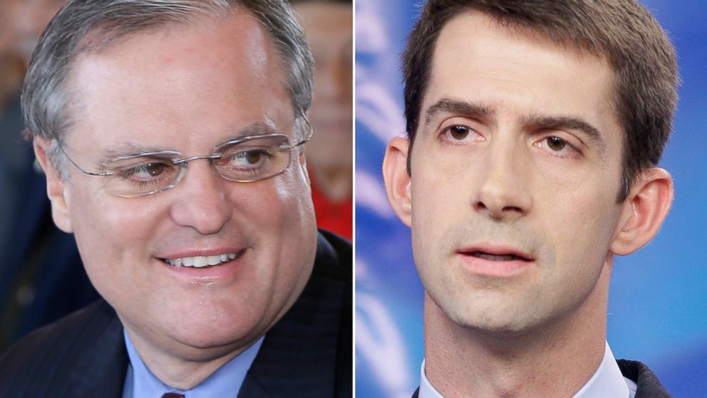 PHOTO: U.S. Sen. Mark Pryor, seen left attends a Veterans Day observance in Little Rock, Ark., Nov. 11, 2013, and right, Republican Tom Cotton participates in a debate at Arkansas Educational Television Network studios in this Oct. 25, 2012, file photo. 