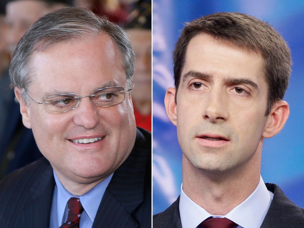 PHOTO: U.S. Sen. Mark Pryor, seen left attends a Veterans Day observance in Little Rock, Ark., Nov. 11, 2013, and right, Republican Tom Cotton participates in a debate at Arkansas Educational Television Network studios in this Oct. 25, 2012, file photo. 