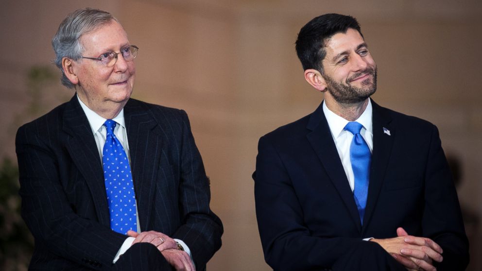 Mitch McConnell and Paul Ryan attend a bust unveiling ceremony for former Vice President Dick Cheney in the Capitol Visitor Center's Emancipation Hall, Dec. 3, 2015. 