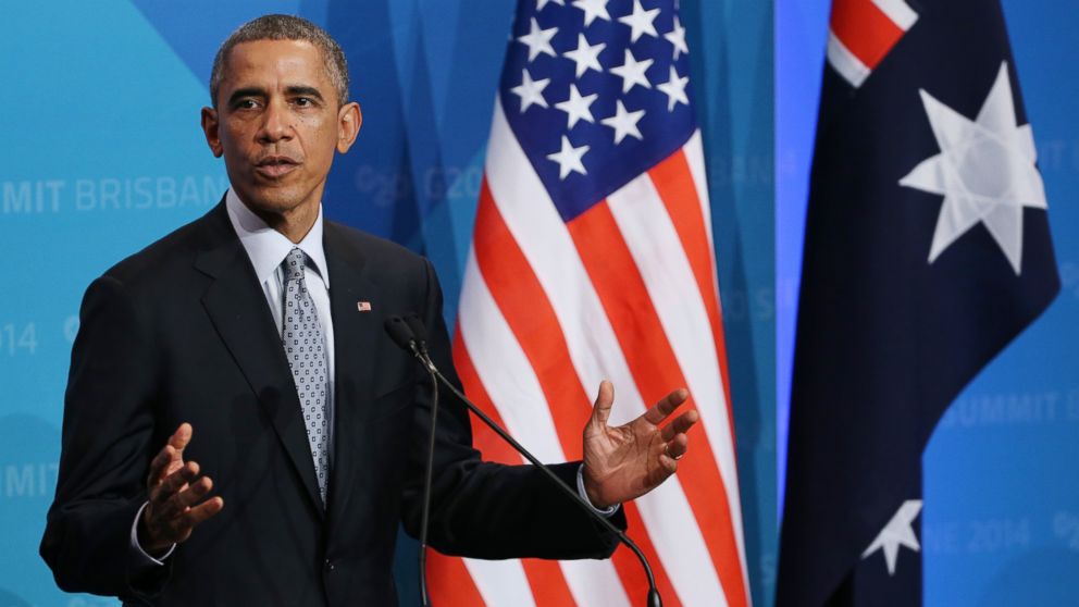 U.S. President Barak Obama speaks to the media during a press conference at the end of the G-20 summit in Brisbane, Australia, Sunday, Nov. 16, 2014.