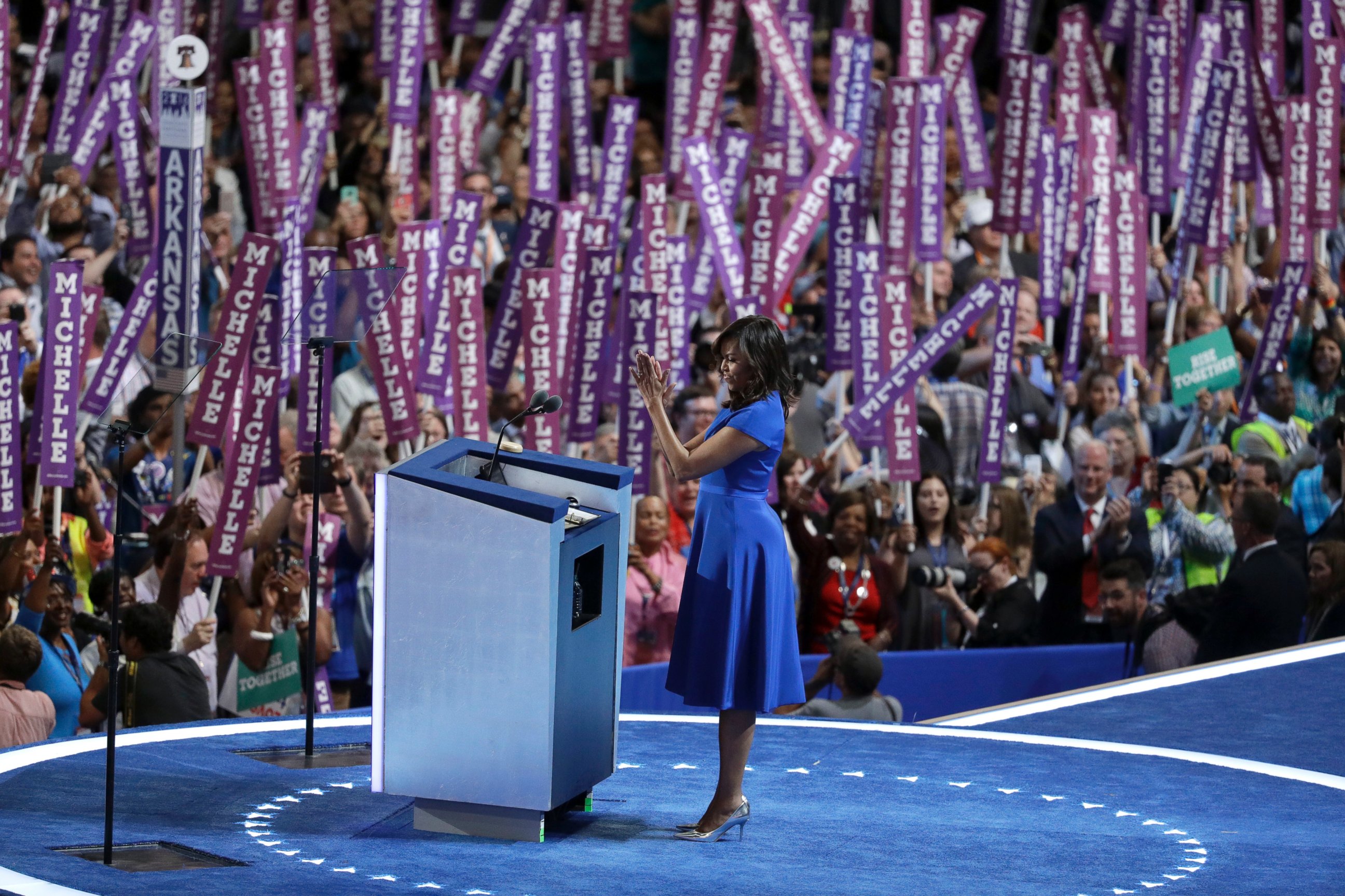 PHOTO: First Lady Michelle Obama speaks to delegates during the first day of the Democratic National Convention in Philadelphia, Monday, July 25, 2016. 