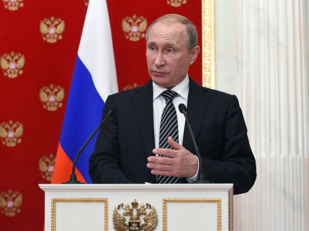 PHOTO: Russian President Vladimir Putin speaks at a joint news conference with Armenian President Serzh Sargsyan after their meeting in the Kremlin in Moscow, Aug. 10, 2016.