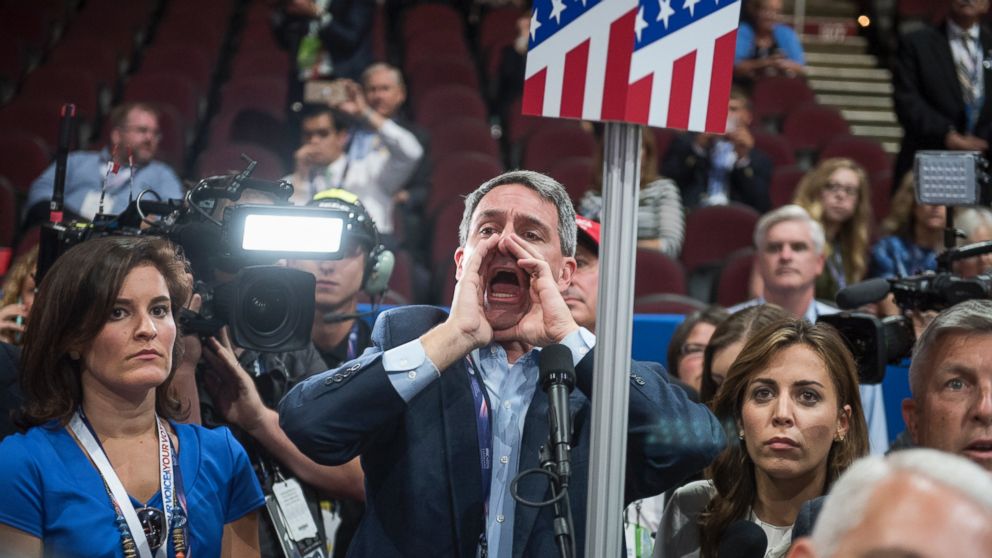 Virginia delegate Ken Cuccinelli calls for a roll call vote on the rules package on the floor of the Quicken Loans Arena on first day of the Republican National Convention in Cleveland, Ohio, July 18, 2016.
