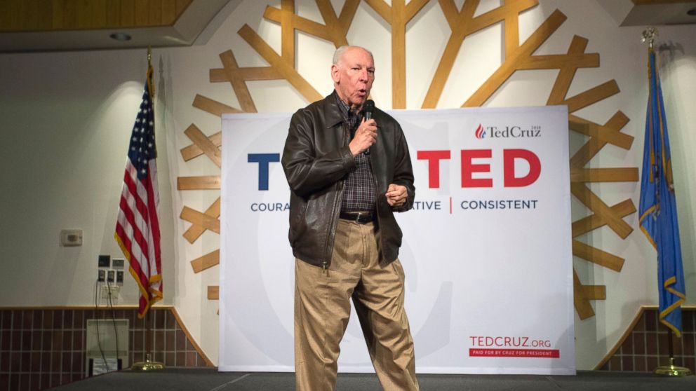 PHOTO: Rafael Cruz tells speaks to supporters about his son, Republican presidential candidate Sen. Ted Cruz, R-Texas during a campaign stop in Oklahoma City, Dec. 23, 2015.