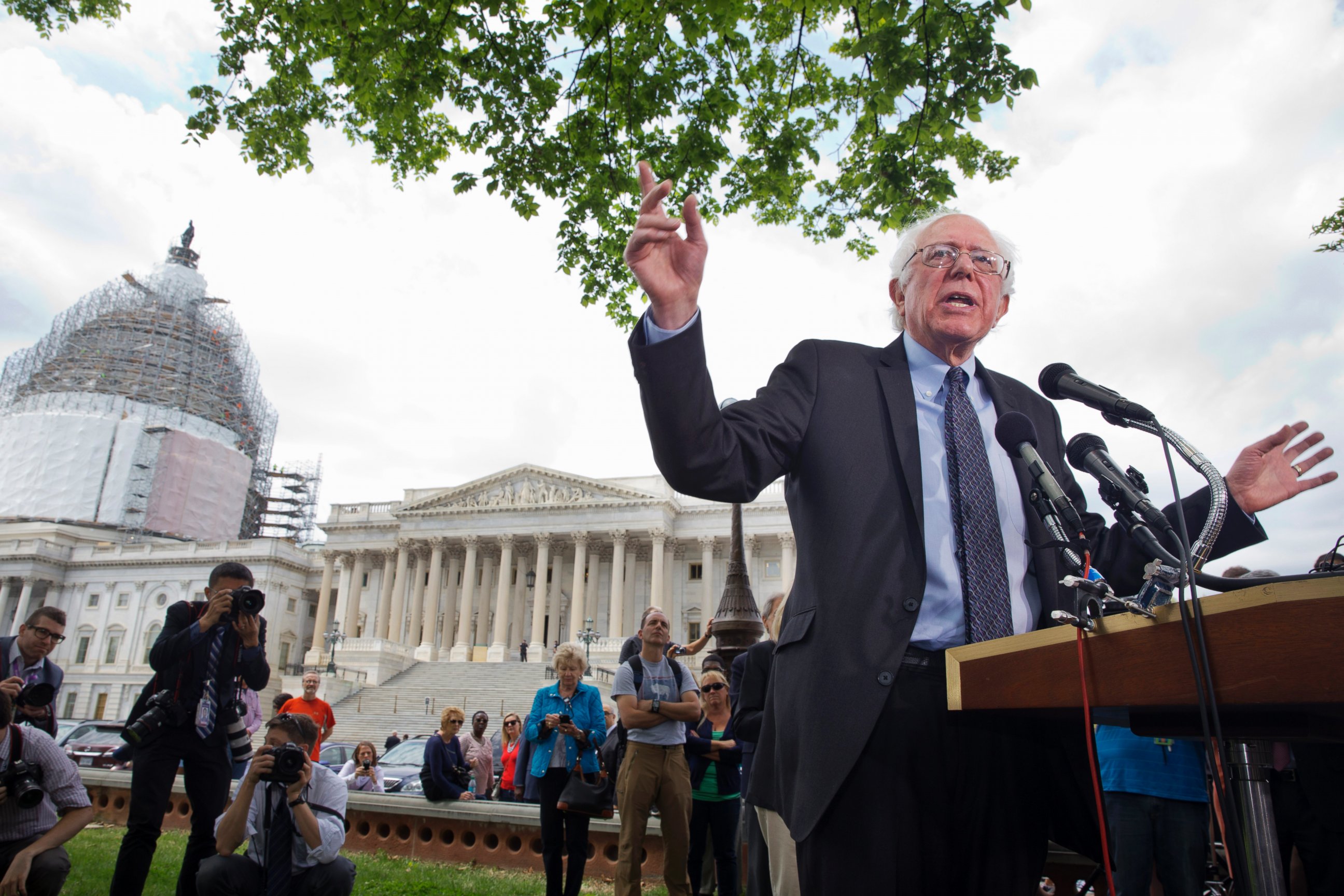 PHOTO: Sen. Bernie Sanders, I-Vt., speaks to the media about his agenda in running for president, April 30, 2015, on Capitol Hill in Washington. 