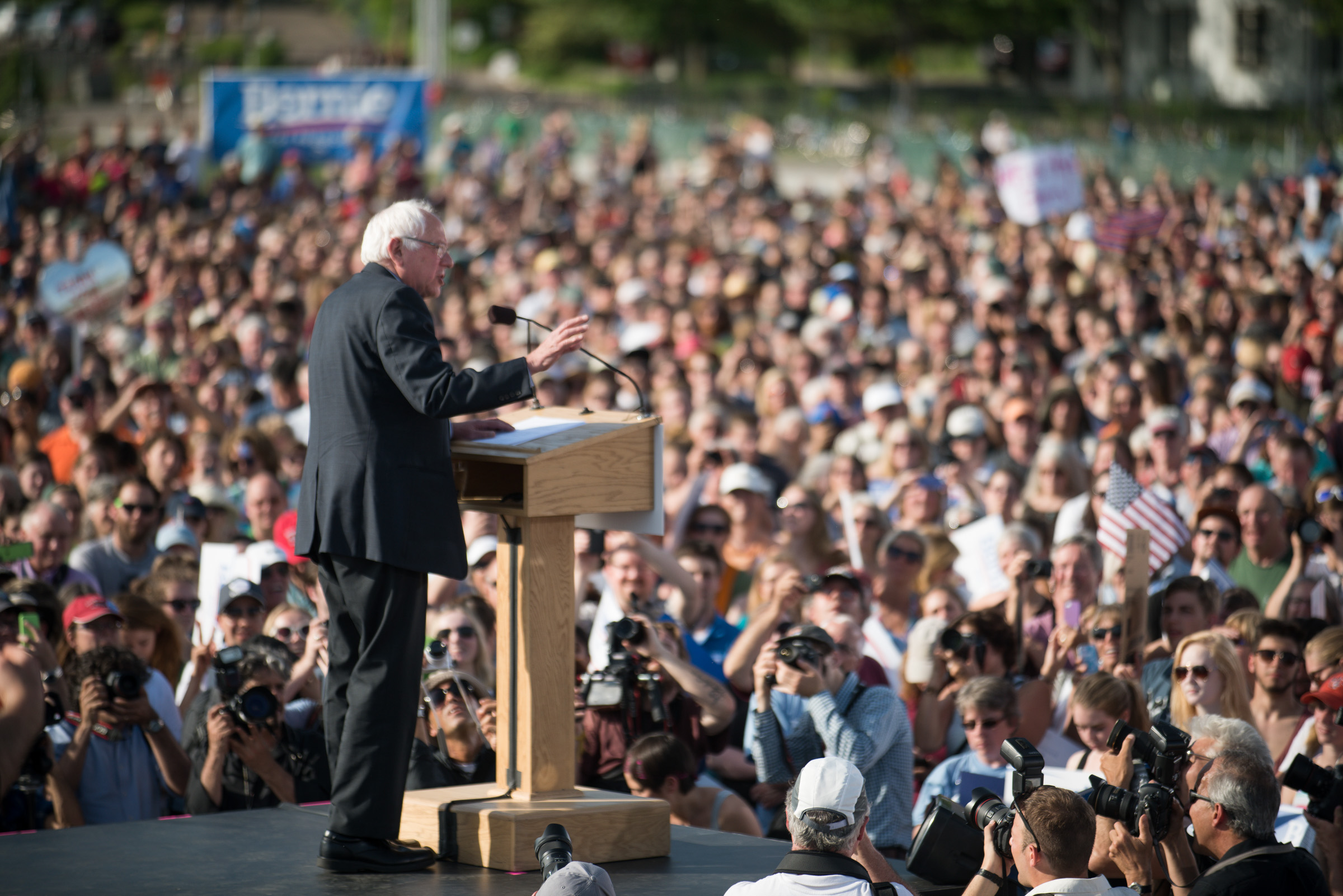 PHOTO: Sen. Bernie Sanders, I-Vt., speaks on May 26, 2015 in Burlington, Vt., where he formally announced he will seek the Democratic nomination for president. 