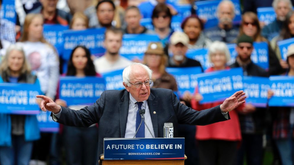 Democratic presidential candidate, Sen. Bernie Sanders, I-Vt. speaks during a rally in Springfield, Ore., April 28, 2016.