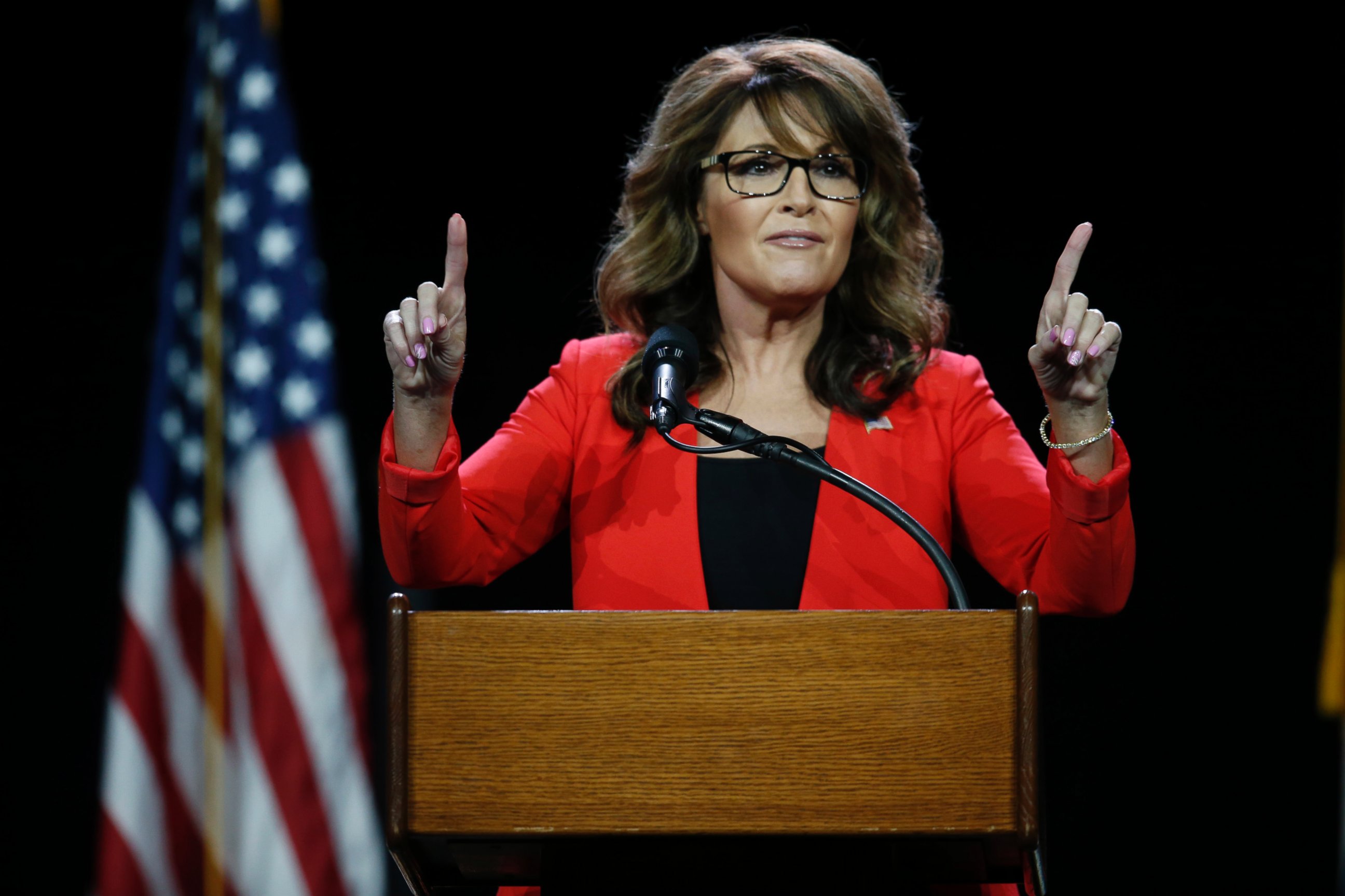 PHOTO: Former Republican vice presidential candidate Sarah Palin speaks prior to Republican presidential candidate Donald Trump's arrival during the opening session of the Western Conservative Summit, July 1, 2016, in Denver.