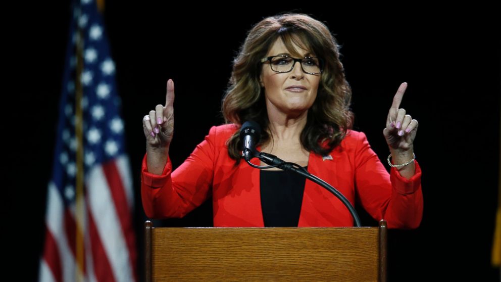 PHOTO: Former Republican vice presidential candidate Sarah Palin speaks prior to Republican presidential candidate Donald Trump's arrival during the opening session of the Western Conservative Summit, July 1, 2016, in Denver.