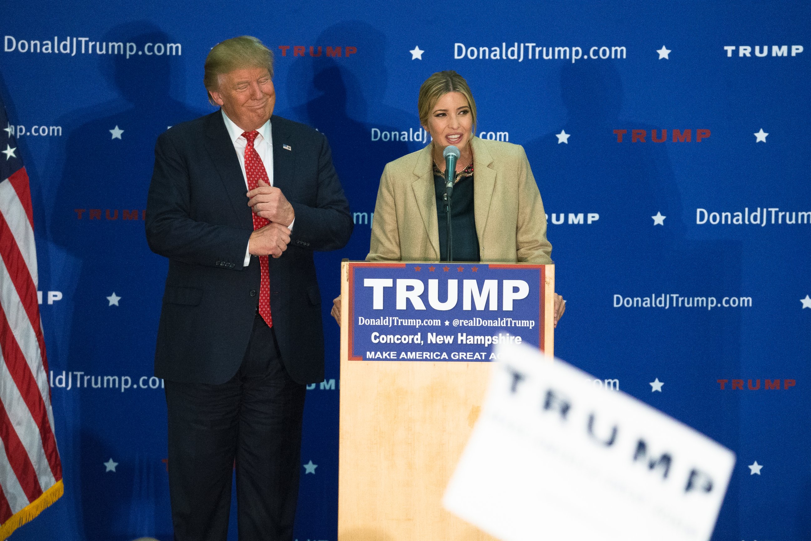 PHOTO: Ivanka Trump, right, speaks alongside her father, Republican presidential candidate Donald Trump, left, during a campaign stop at Concord High School, Jan. 18, 2016, in Concord, N.H.