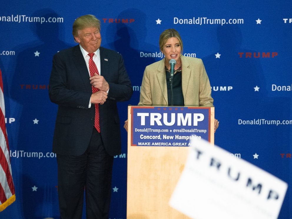PHOTO: Ivanka Trump, right, speaks alongside her father, Republican presidential candidate Donald Trump, left, during a campaign stop at Concord High School, Jan. 18, 2016, in Concord, N.H.