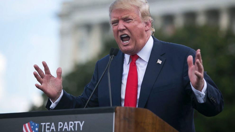 Republican presidential candidate Donald Trump speaks at a rally organized by Tea Party Patriots on Capitol Hill in Washington, Sept. 9, 2015.