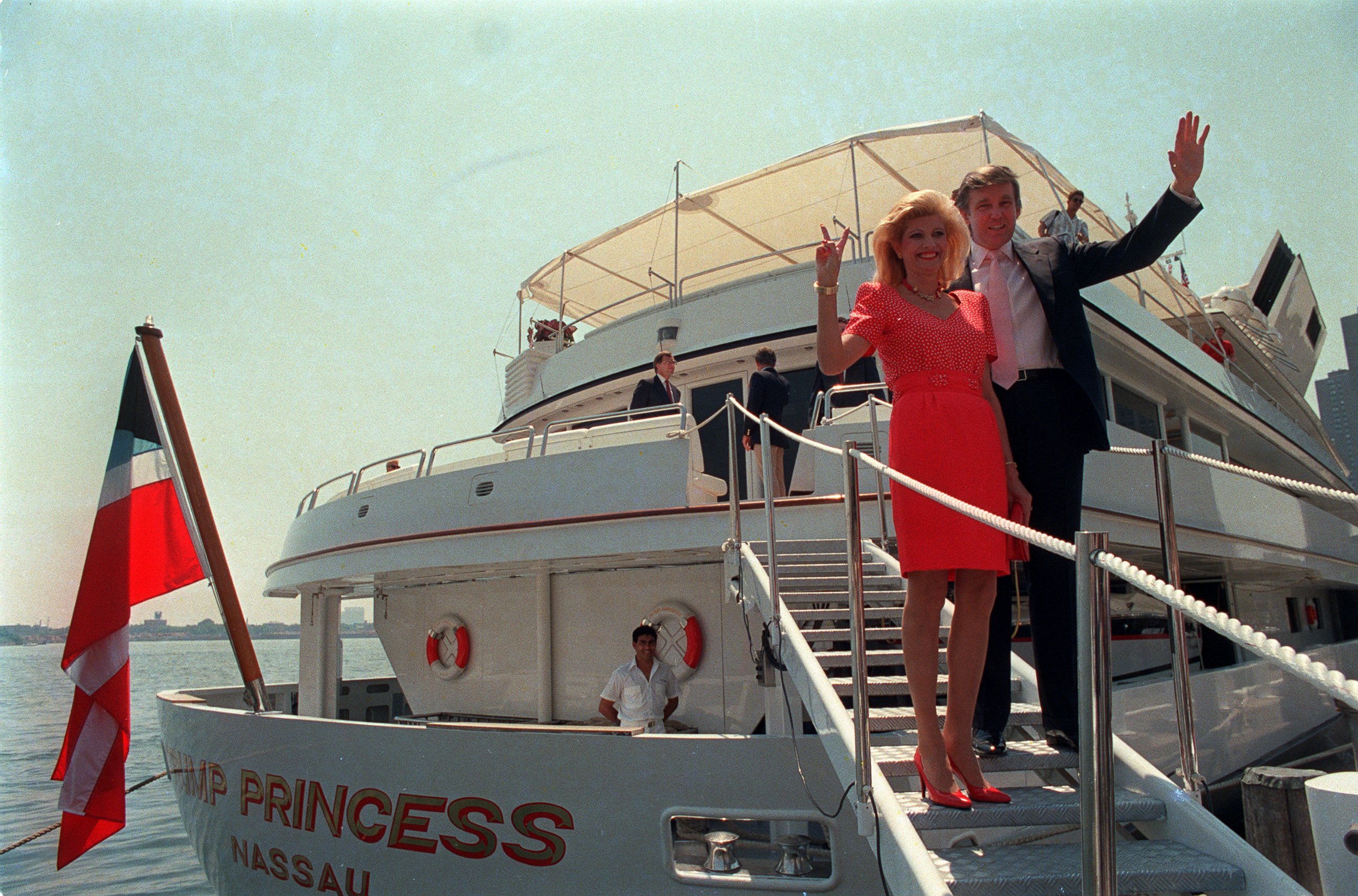 PHOTO: A file photo from July 1988 showing real estate developer Donald Trump with former wife Ivana as they stood on their luxury yacht The Trump Princess in New York City. Trump paid the Sultan of Brunei $30 million for the nearly 300-foot yacht.  