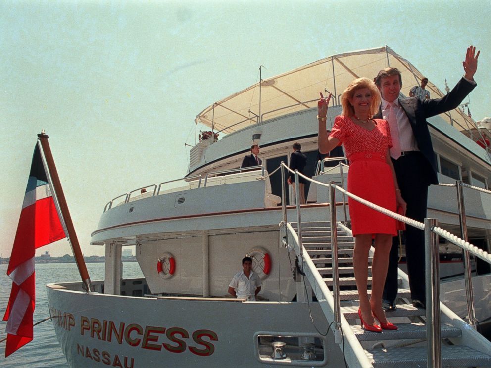 PHOTO: A file photo from July 1988 showing real estate developer Donald Trump with former wife Ivana as they stood on their luxury yacht The Trump Princess in New York City. Trump paid the Sultan of Brunei $30 million for the nearly 300-foot yacht.