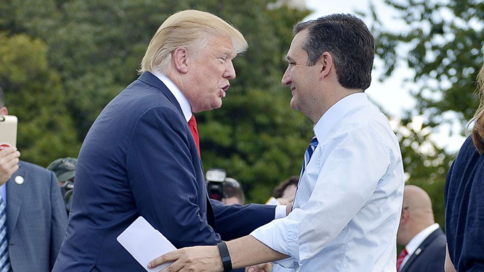 PHOTO: Republican Presidential hopefuls Ted Cruz and Donald Trump attend a Tea Party rally against the international nuclear agreement with Iran outside the U.S. Capitol in Washington, on Sept. 9, 2015. 