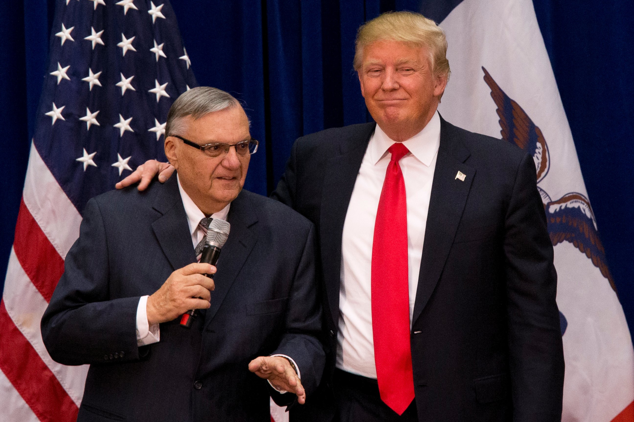 PHOTO:Donald Trump is joined by Maricopa County, Ariz., Sheriff Joe Arpaio at a campaign event at the Roundhouse Gymnasium, Jan. 26, 2016, in Marshalltown, Iowa.  