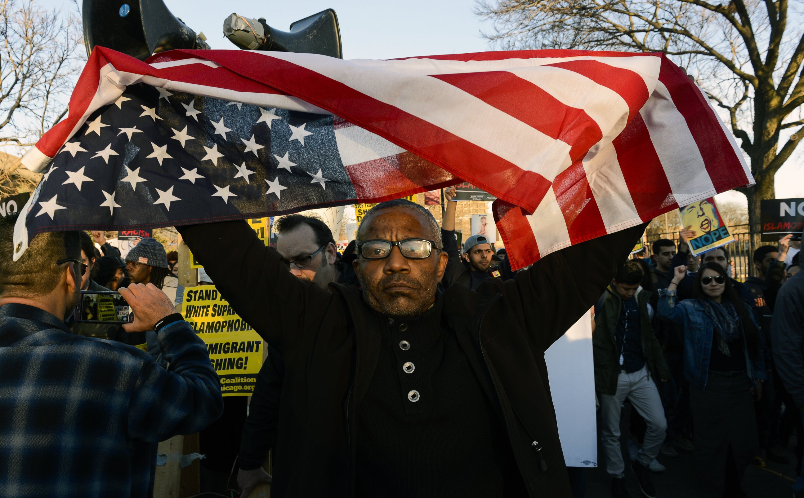 PHOTO: Sanko Hampton marches in Chicago, March 11, 2016, before a rally with Republican presidential candidate Donald Trump at the University of Illinois-Chicago. 
