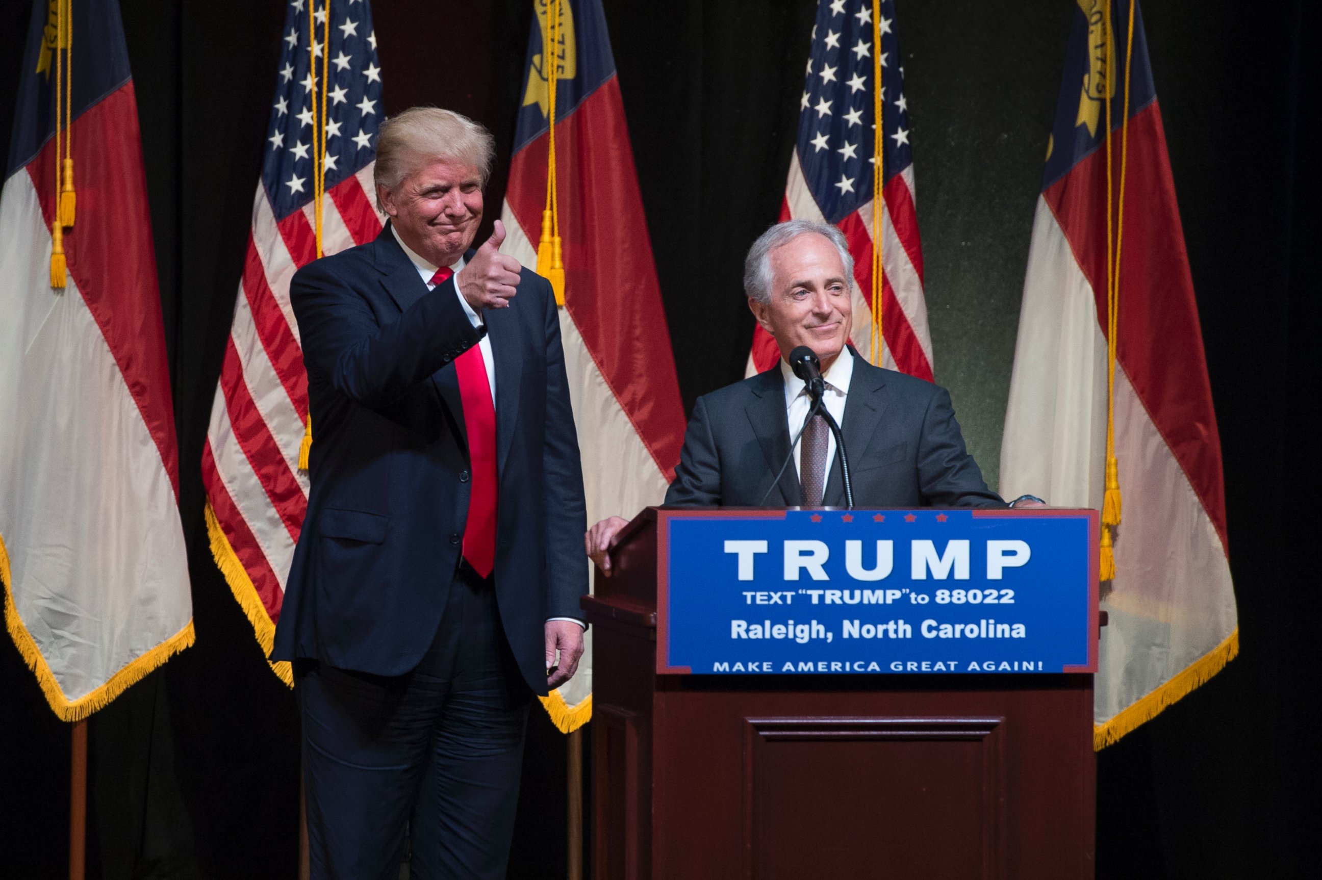PHOTO: Donald Trump, left, and Sen. Bob Corker, R-Tenn., appear on stage during a rally at the Duke Energy Center in Raleigh, Nprth Carolina, July 5, 2016. 
