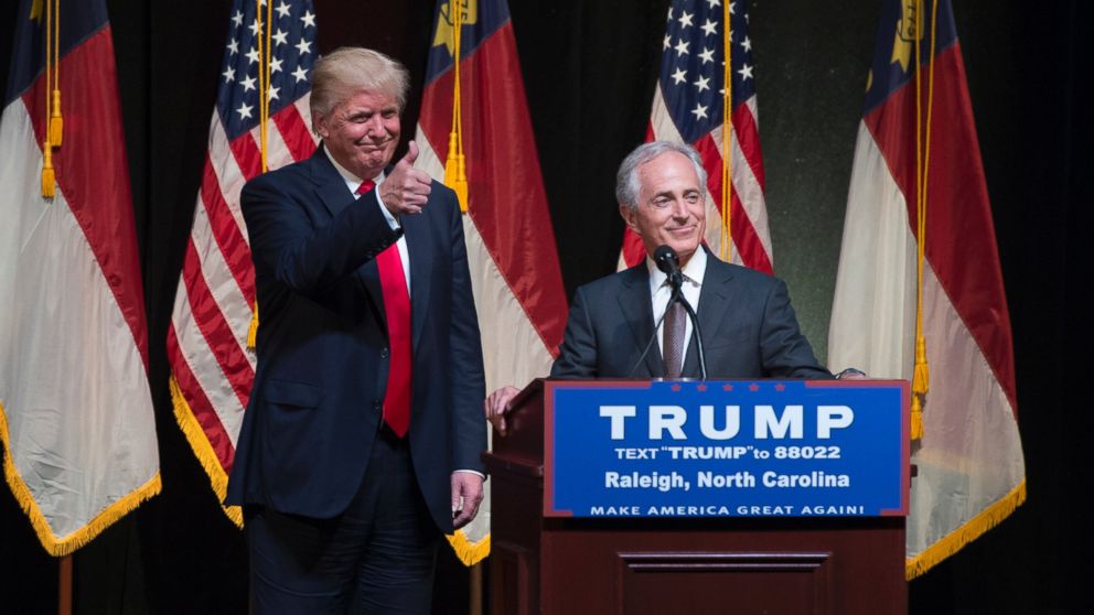 PHOTO: Donald Trump, left, and Sen. Bob Corker, R-Tenn., appear on stage during a rally at the Duke Energy Center in Raleigh, Nprth Carolina, July 5, 2016. 