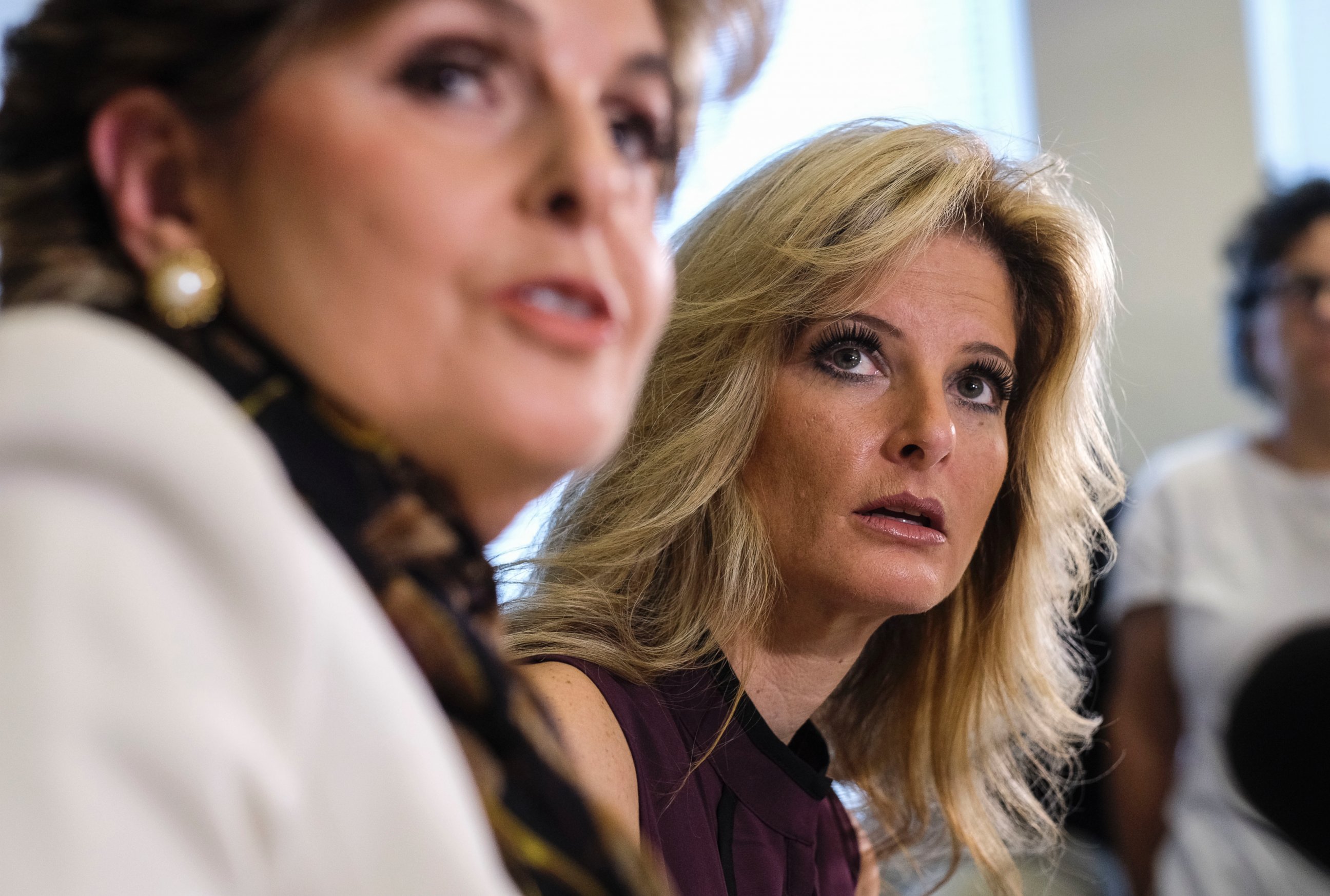 PHOTO: Summer Zervos, right, listens with her attorney Gloria Allred during a news conference in Los Angeles, Oct. 14, 2016. Zervos, a former contestant on "The Apprentice" says Trump made unwanted sexual contact with her at a Beverly Hills hotel in 2007.