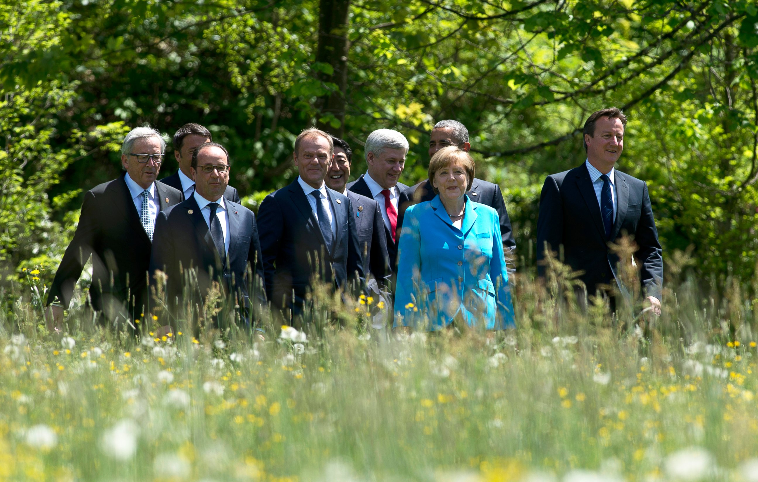 PHOTO: World leaders walk to a group photo  near Garmisch, Germany at the G7 Summit on June 7, 2015.  