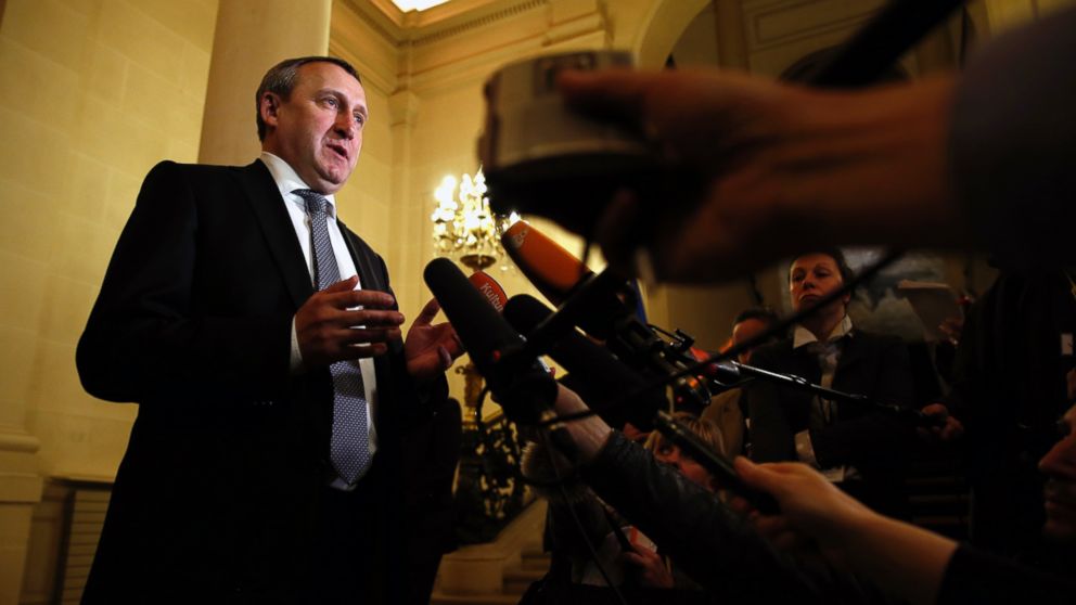 Ukraine's Foreign Minister Andrii Deshchytsia speaks to reporters after a meeting with U.S. Secretary of State John Kerry and other foreign ministers  at the Quai d' Orsay in Paris, Wednesday, March 5, 2014.