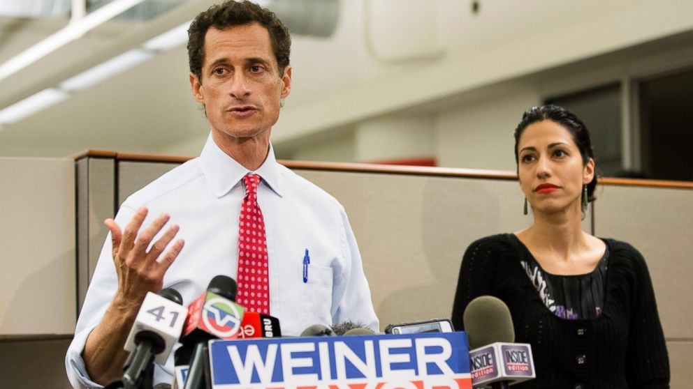 PHOTO: Then-New York mayoral candidate Anthony Weiner speaks during a news conference alongside his wife Huma Abedin in New York, July 23, 2013.