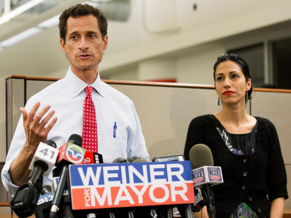 PHOTO: Then-New York mayoral candidate Anthony Weiner speaks during a news conference alongside his wife Huma Abedin in New York, July 23, 2013.