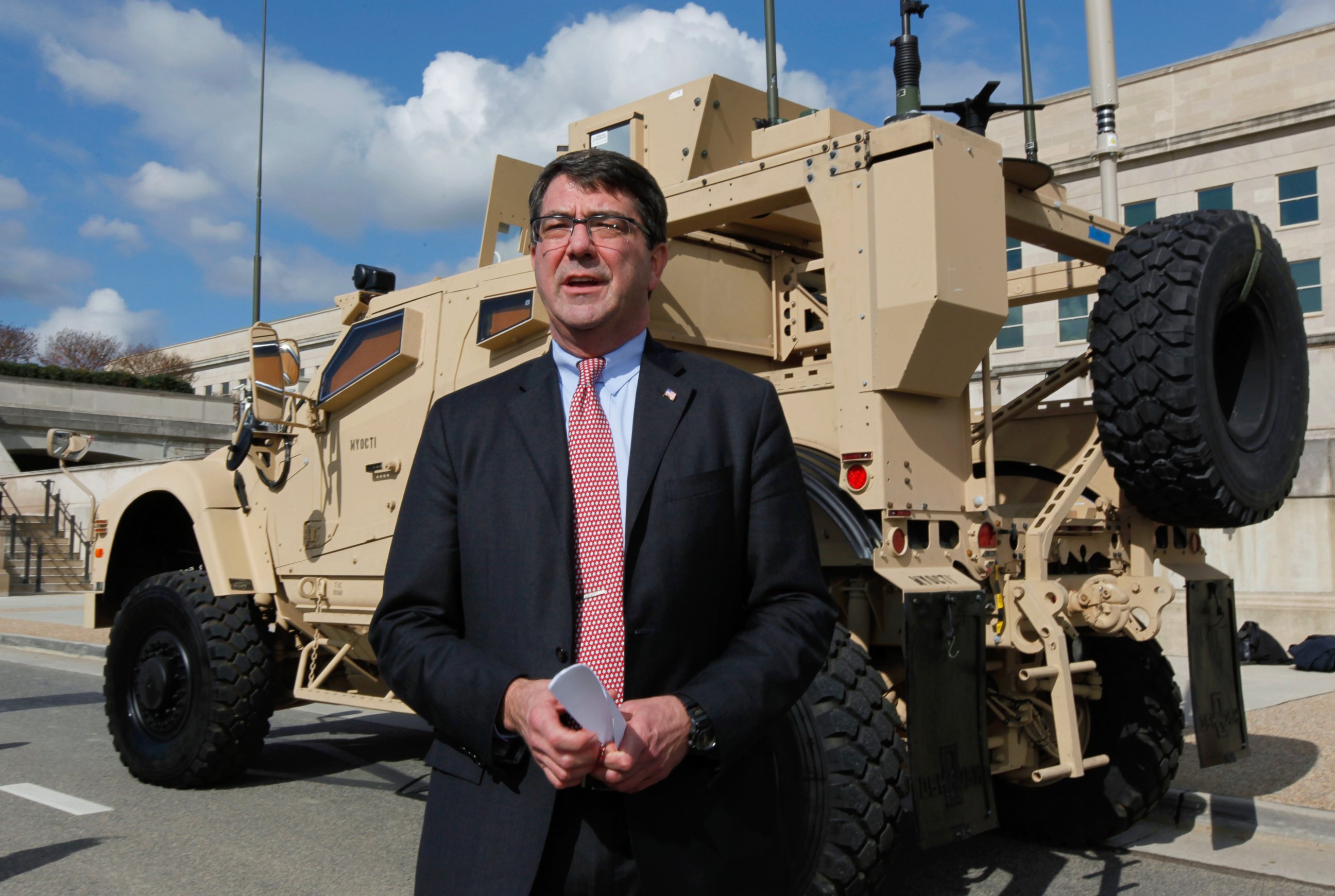 PHOTO: Undersecretary of Defense for Acquisition, Technology and Logistics Ashton Carter speaks during the presentation of the MRAP all terrain vehicle (M-ATV) at the Pentagon, Nov. 2, 2009, in Washington. 