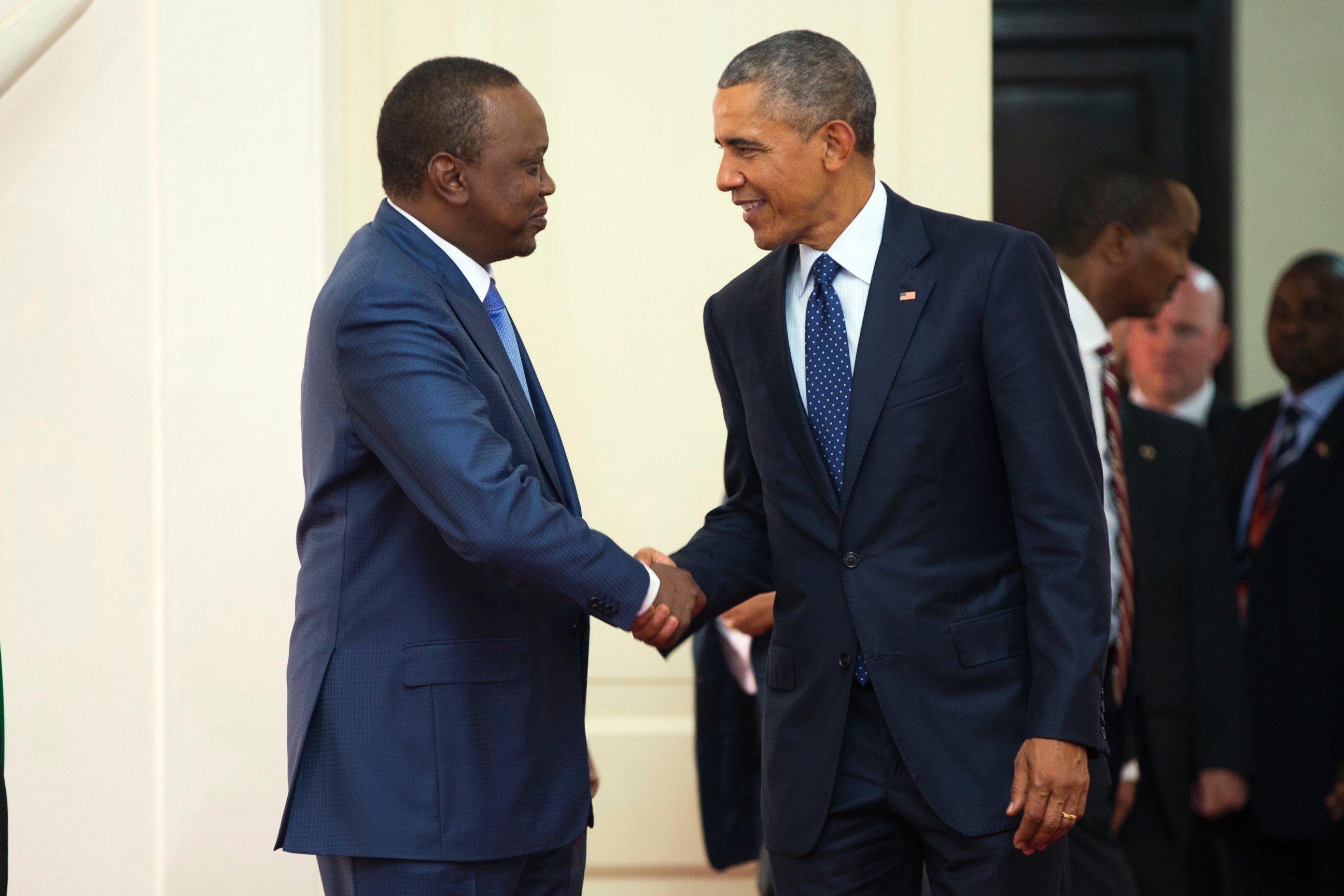 PHOTO: President Barack Obama, right, shakes hands with Kenyan President Uhuru Kenyatta before a bilateral meeting at State House, July 25, 2015, in Nairobi, Kenya.