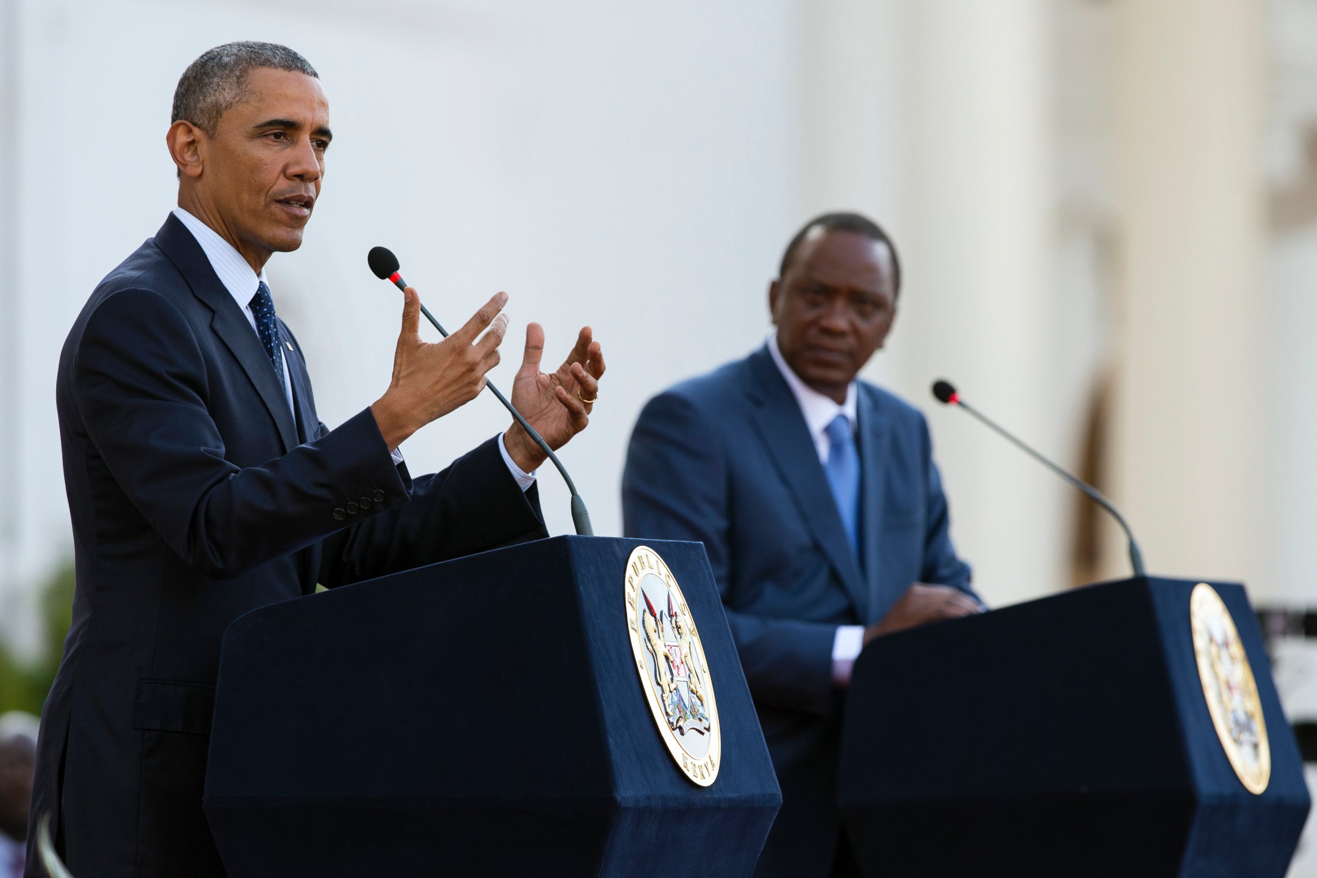 PHOTO: President Barack Obama speaks during a news conference with Kenyan President Uhuru Kenyatta at State House, July 25, 2015, in Nairobi, Kenya.