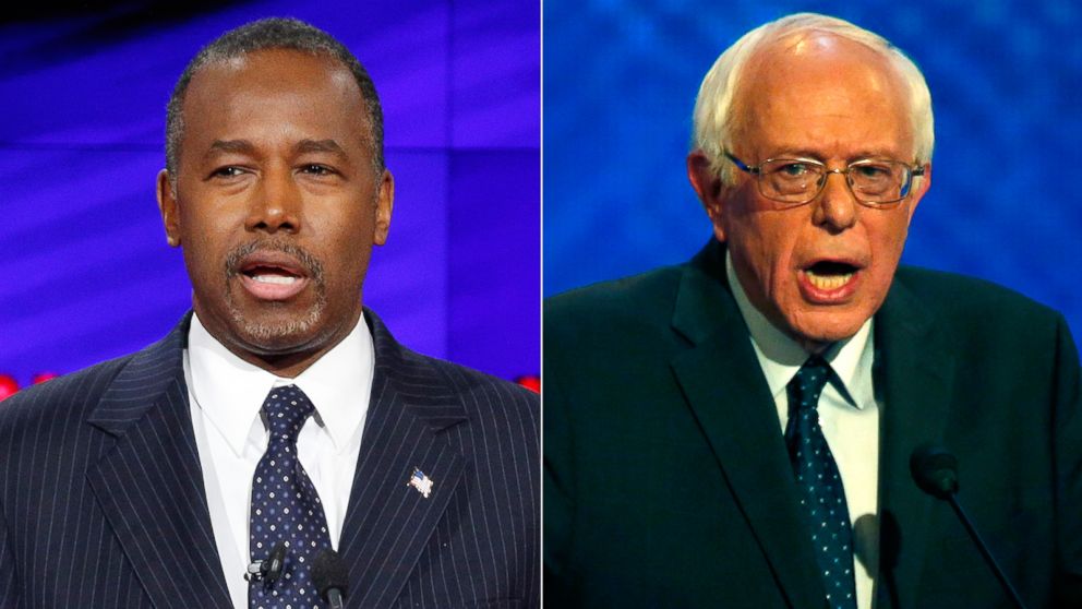 (L-R) Ben Carson speaks in Las Vegas, Dec. 15, 2015 and Bernie Sanders speaks in Manchester, N.H., Dec. 19, 2015.