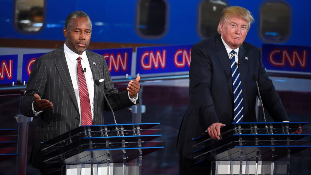 Republican presidential candidates, businessman Donald Trump, right, and Ben Carson appear during the CNN Republican presidential debate at the Ronald Reagan Presidential Library and Museum in Simi Valley, Calif., Sept. 16, 2015.