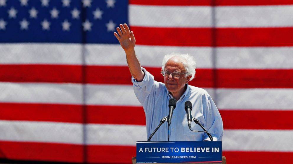 Sen. Bernie Sanders, waves as he speaks during a campaign rally in Cathedral City, Calif., May 25, 2016.