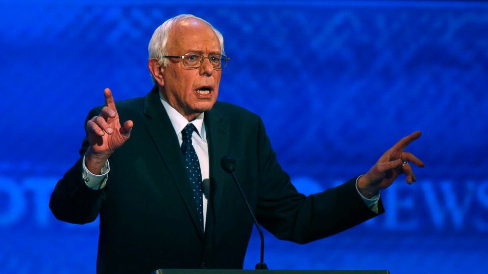 PHOTO: Bernie Sanders speaks during a Democratic presidential primary debate, Dec. 19, 2015, at Saint Anselm College in Manchester, N.H.