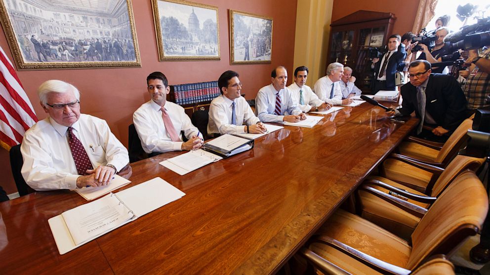House Majority Leader Eric Cantor, third from left, meets with House Republican conferees as the Republican-controlled House and the Democrat-controlled Senate remain at an impasse, neither side backing down over Obamacare, Oct. 1, 2013 on Capitol Hill in Washington.