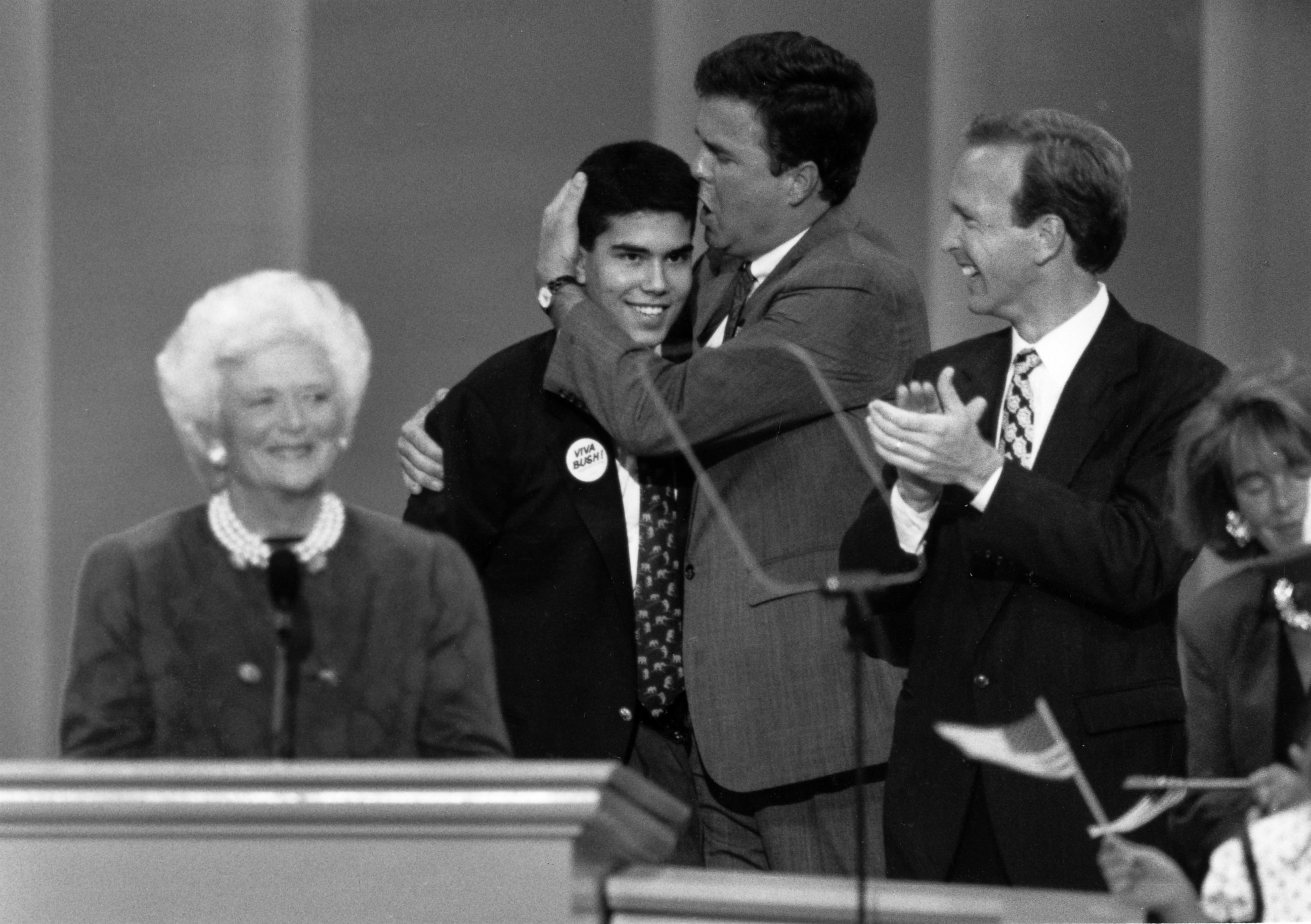 PHOTO: George P. Bush gets a hug from his father, Jeb Bush, at the GOP Convention on Aug. 30, 1992. 