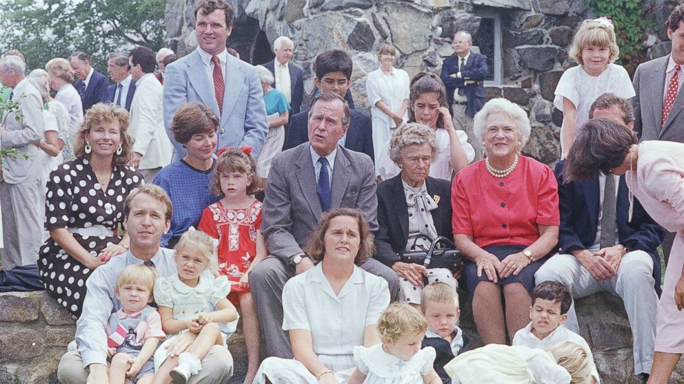 Vice President George H. W. Bush, center, poses with his family outside St. Anns Church, in this Aug. 8, 1988, Kennebunkport, Maine.  