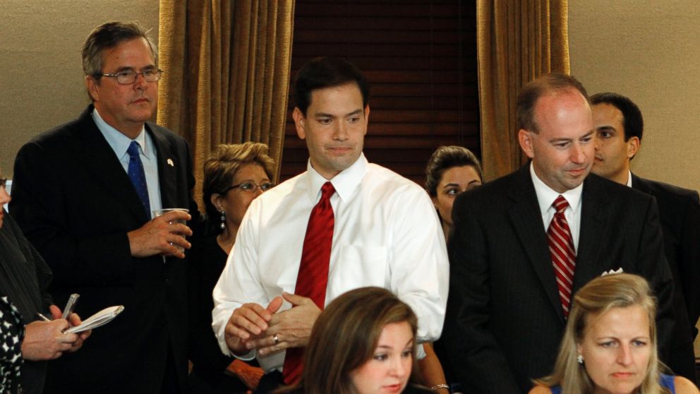 PHOTO: Marco Rubio, center, Jeb Bush, left, and George LeMieux, right, are pictured in Coral Gables, Fla. on Nov. 2, 2010. 