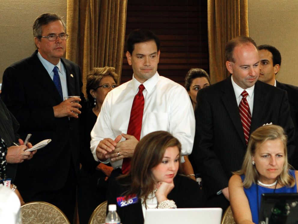 PHOTO: Marco Rubio, center, Jeb Bush, left, and George LeMieux, right, are pictured in Coral Gables, Fla. on Nov. 2, 2010. 