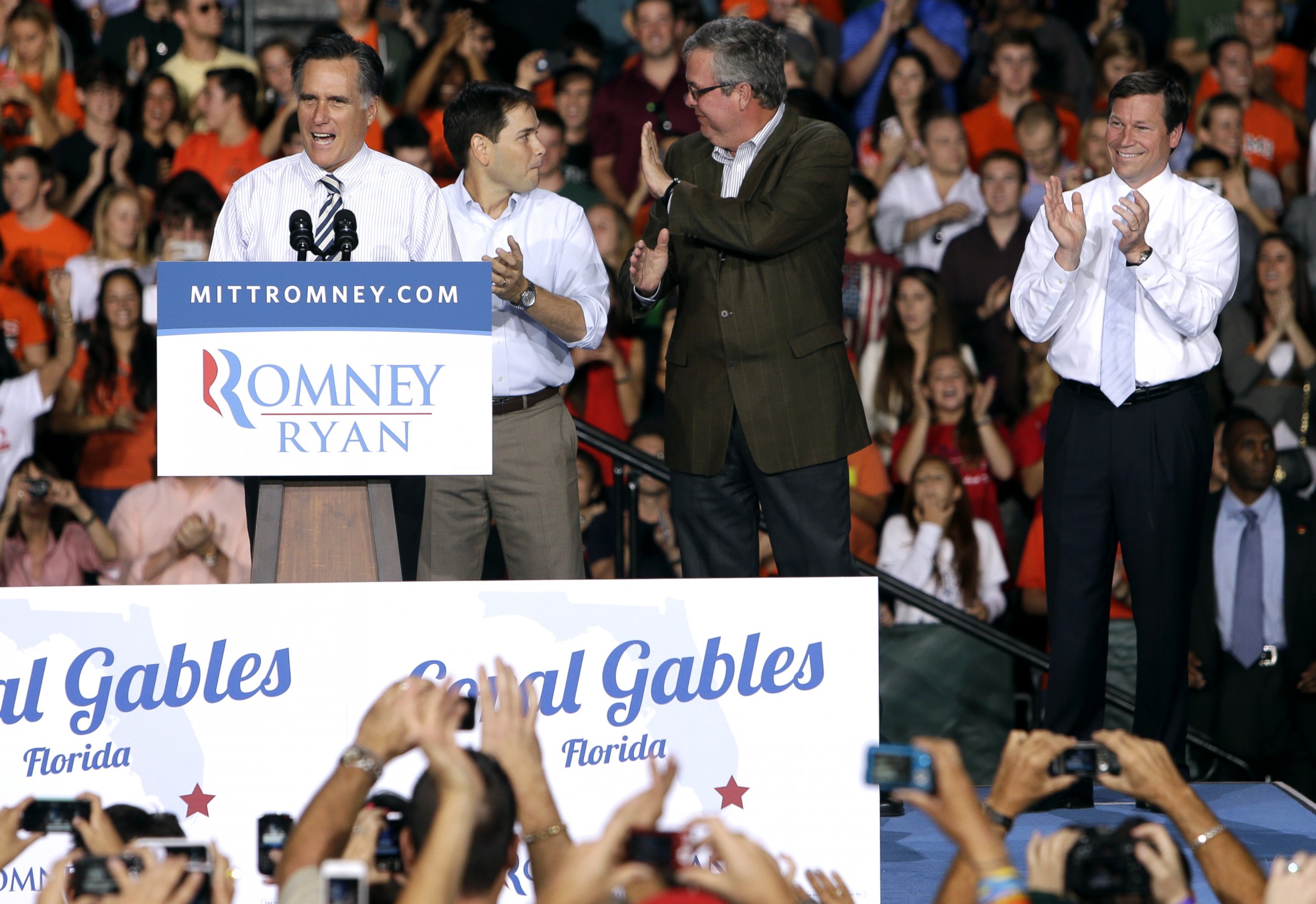 PHOTO: From left, Mitt Romney, Marco Rubio, Jeb Bush, and Connie Mack are pictured at the University of Miami on Oct. 31, 2012 in Coral Gables, Fla.